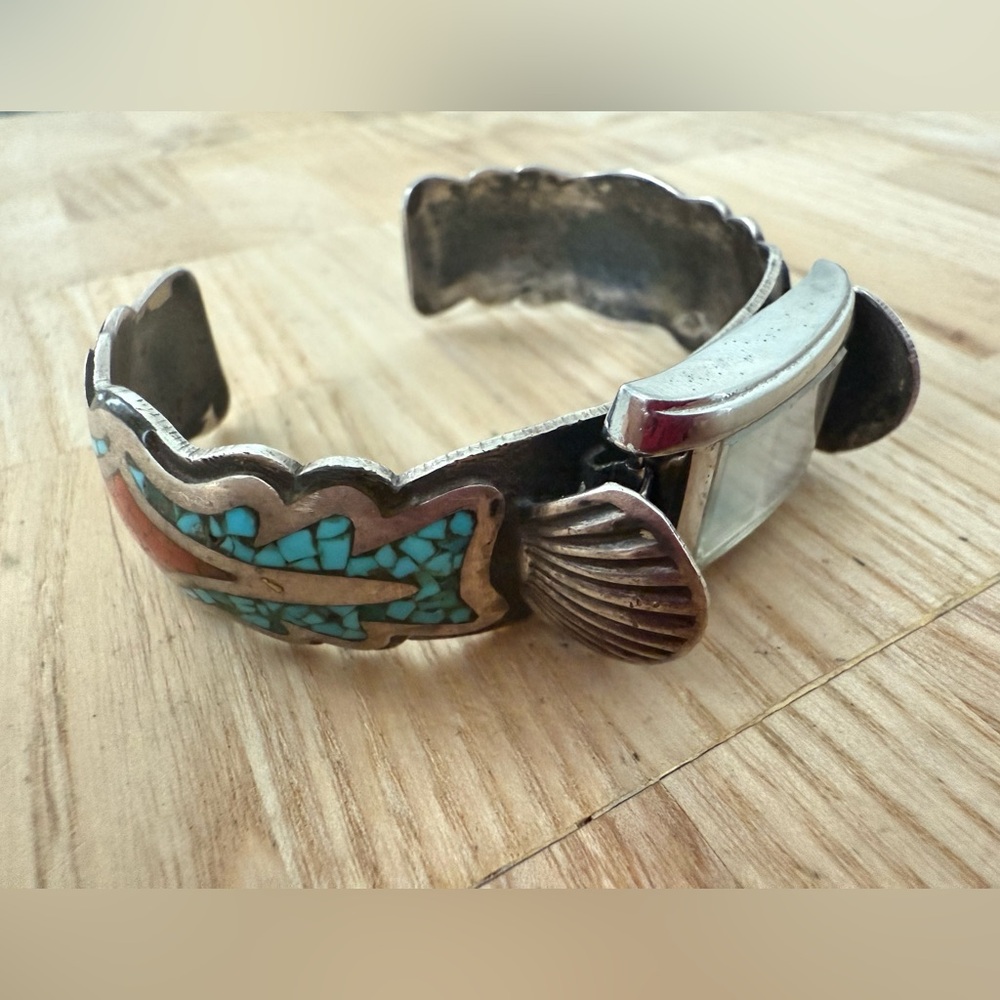Southwestern Sterling silver turquoise watch cuff bracelet citizen eco drive - Picture 3 of 15